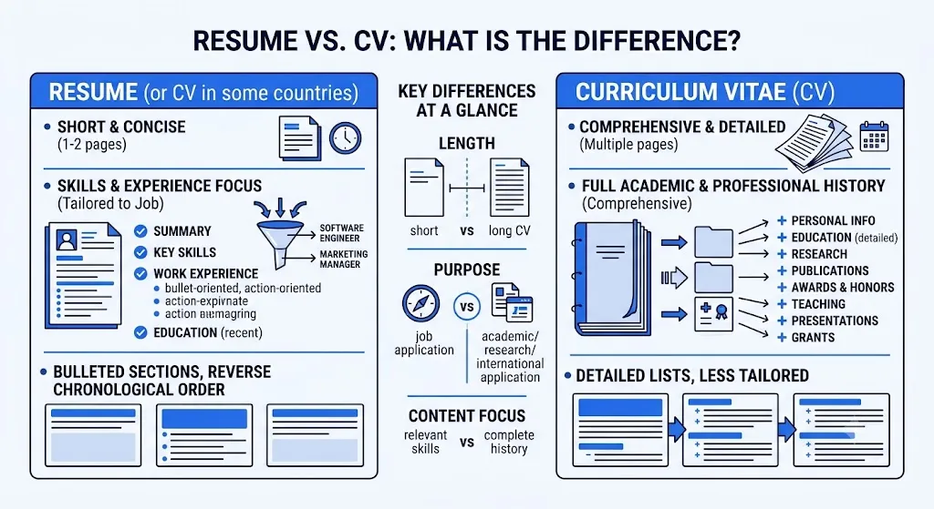 Decision guide matching private-sector applications to a resume and academic or research applications to a CV.