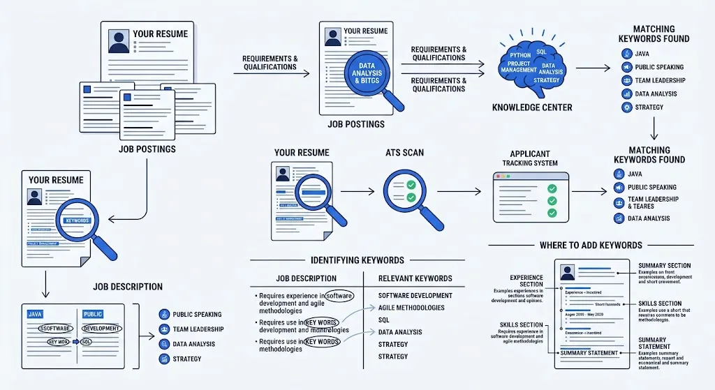 Job-description terms grouped by skill, tool, and responsibility, then connected to evidence-based resume bullets.