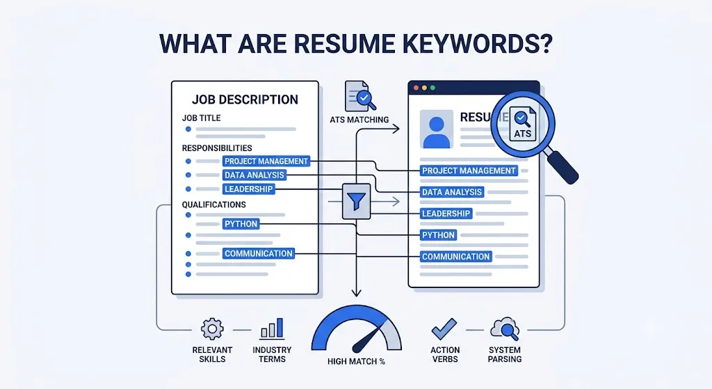 Resume example with role-relevant keywords highlighted in work experience, showing how to use terms in context.