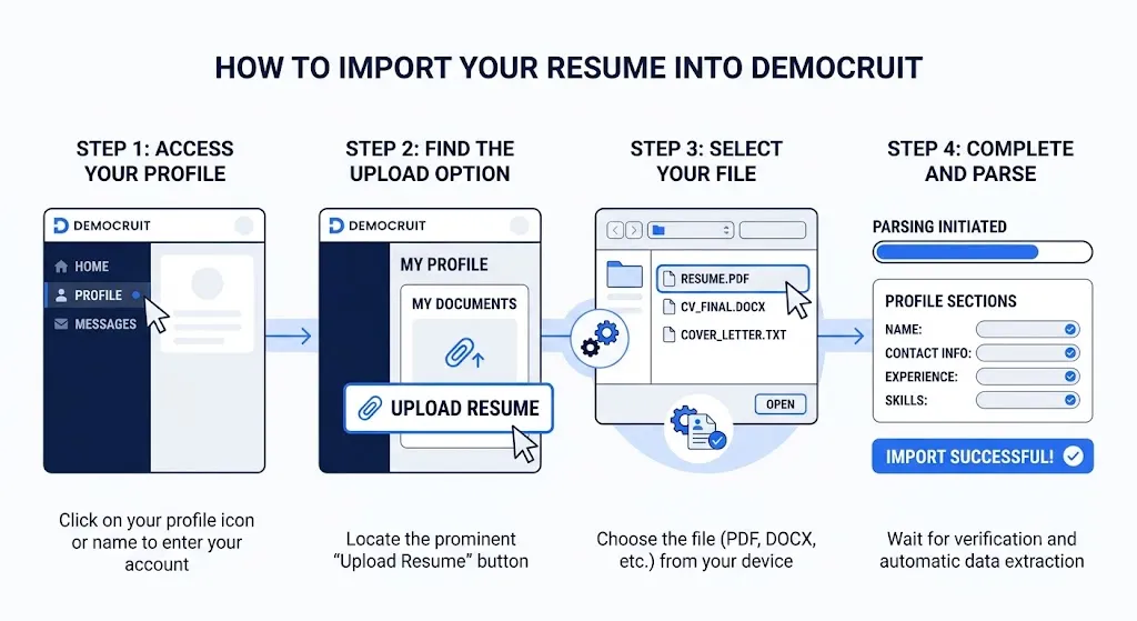 Democruit resume import screen showing a document upload as the first step in creating an editable resume.