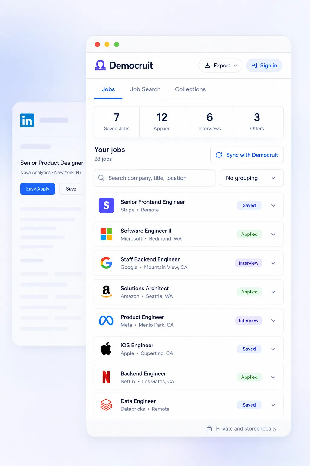 Democruit Chrome extension showing saved job listings that can be organized and synchronized with the job tracker.